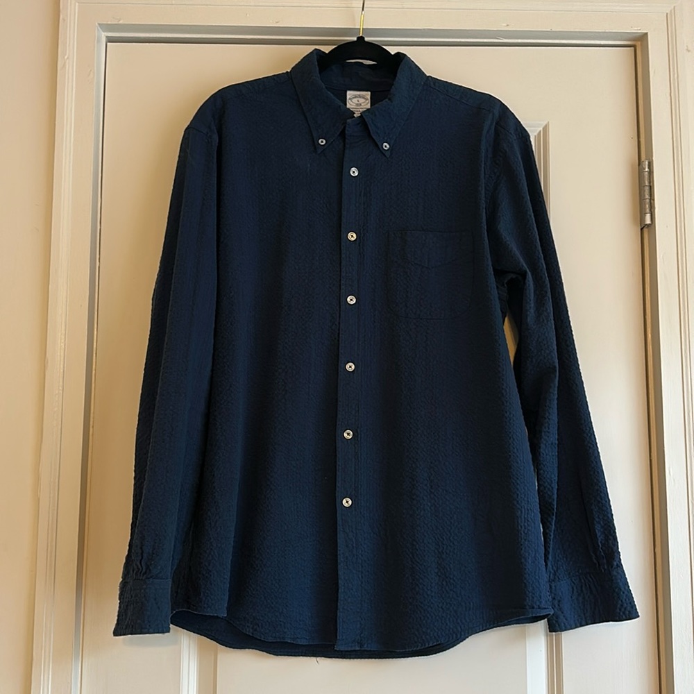Brooks Brothers Navy Blue Seersucker Button Down